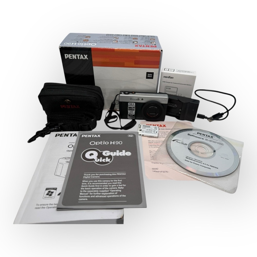 Pentax Optio H90 Digital Camera 12.1MP 5X Zoom w/ Box Case Charger Tested Works